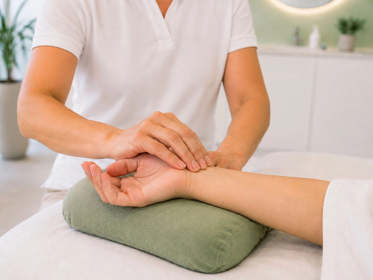 Tasten des Pulses am Handgelenk während der TCM-Untersuchung im Akupunktur Zentrum Worb